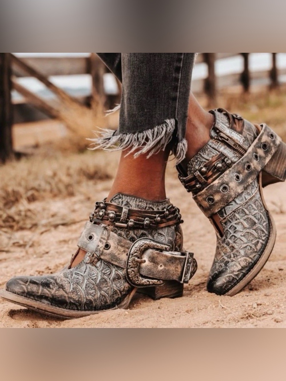 Freebird Saloon Croc Embossed Distressed Black Western Ankle Boots 9